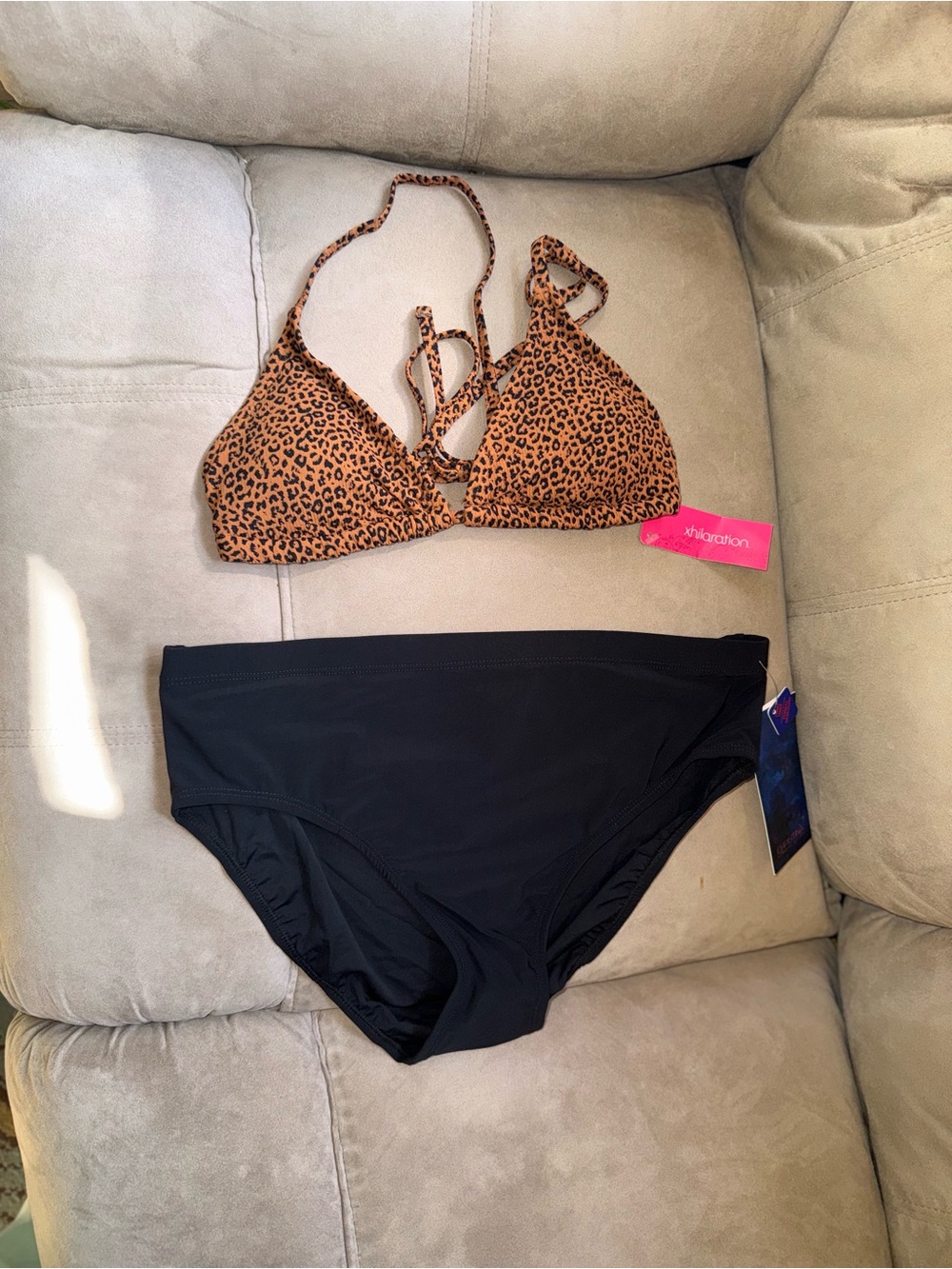 Christina Leopard Print Triangle Bikini Top with Black Bottoms NWT